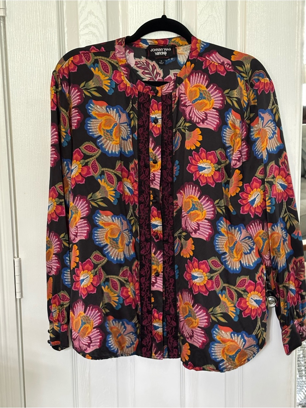 Johnny Was Black Floral Pintuck Button Blouse with Pink, Orange, Blue & Green